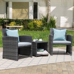 Casual 3 Piece Patio Furniture Set  with Storage Coffee Table (Color: Gray)