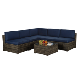 Outdoor Garden Patio Furniture 6-Piece Brown PE Rattan Wicker Sectional  Cushioned Sofa Sets (Color: Navy)