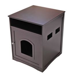 Cat's Wooden House Indoor Feline Condo Toilet Litter Box Hideaway Beside Table Nightstand XH (Color: Brown)