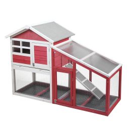 Large Rabbit Hutch with Sunshine Collection Board Wooden Rabbit Cage with Ventilation Door and Removable Tray XH (Color: red&white)