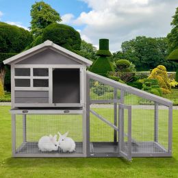 Large Rabbit Hutch with Sunshine Collection Board Wooden Rabbit Cage with Ventilation Door and Removable Tray XH (Color: Gray)