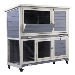2-Tier Wooden Rabbit Hutch with Wheels, Indoor/Outdoor Pet House with Removable Tray (Color: Gray and White)