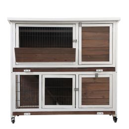2-Tier Wooden Rabbit Hutch with Wheels, Indoor/Outdoor Pet House with Removable Tray (Color: brown and white)