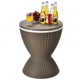 3 in 1 8 Gallon Patio Rattan Cooler Bar Table with Adjust Ice Bucket (Color: Brown)