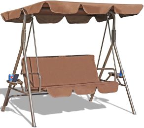 Outdoor 2-Seat Swing with Teapoy Weather Resistant Canopy Powder Coated Steel Frame Patio Swinging Hammock with  Stand and Removable Cushion (Color: Coffee)